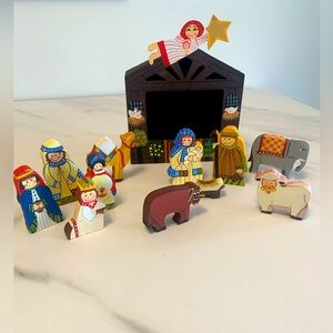 Wooden Nativity Scene with Painted Wooden Figures for Christmas